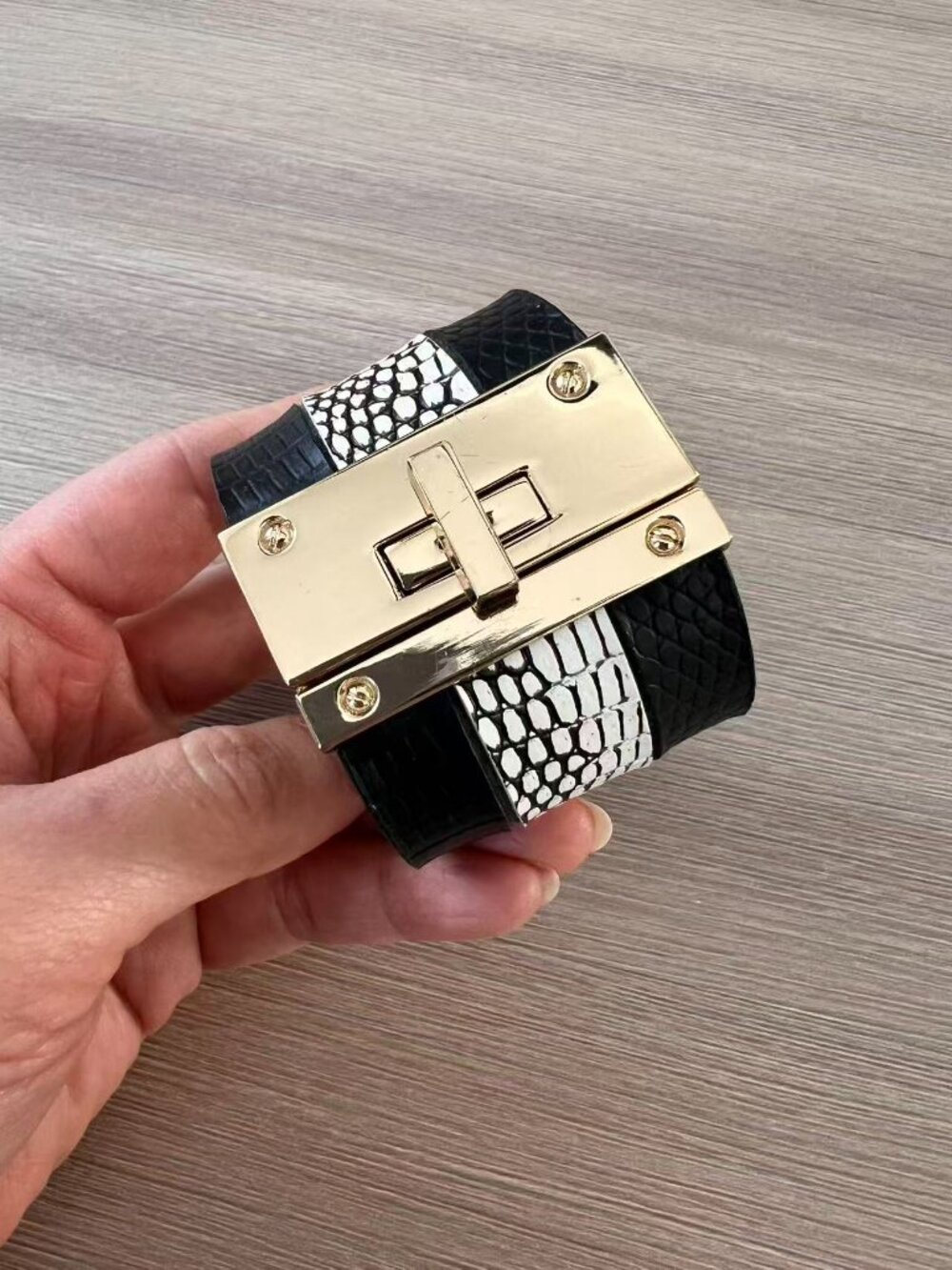 Excellent Condition Genuine Embossed Black and White Snake Leather Cuff Bracelet